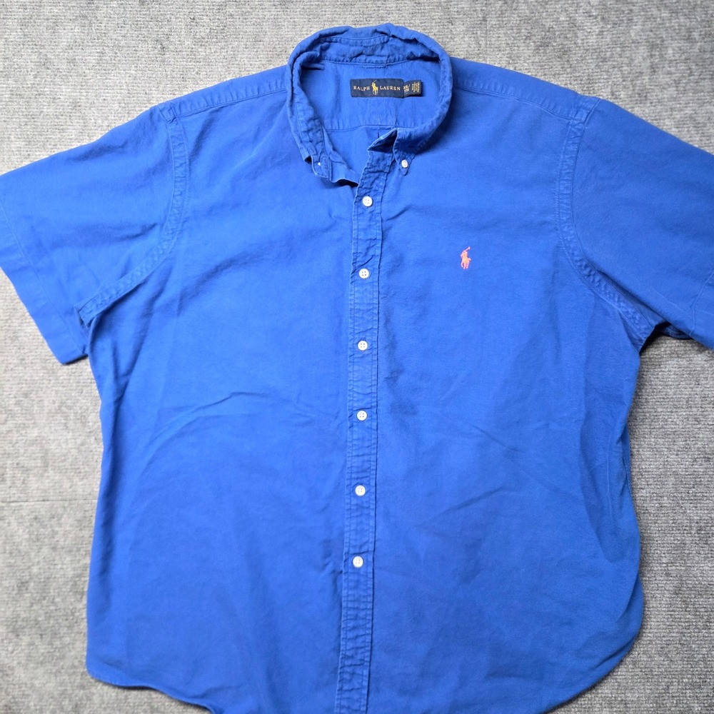 Polo Ralph Lauren Mens XXL Blue Short Sleeve Button Down Shirt Pink Pony Logo